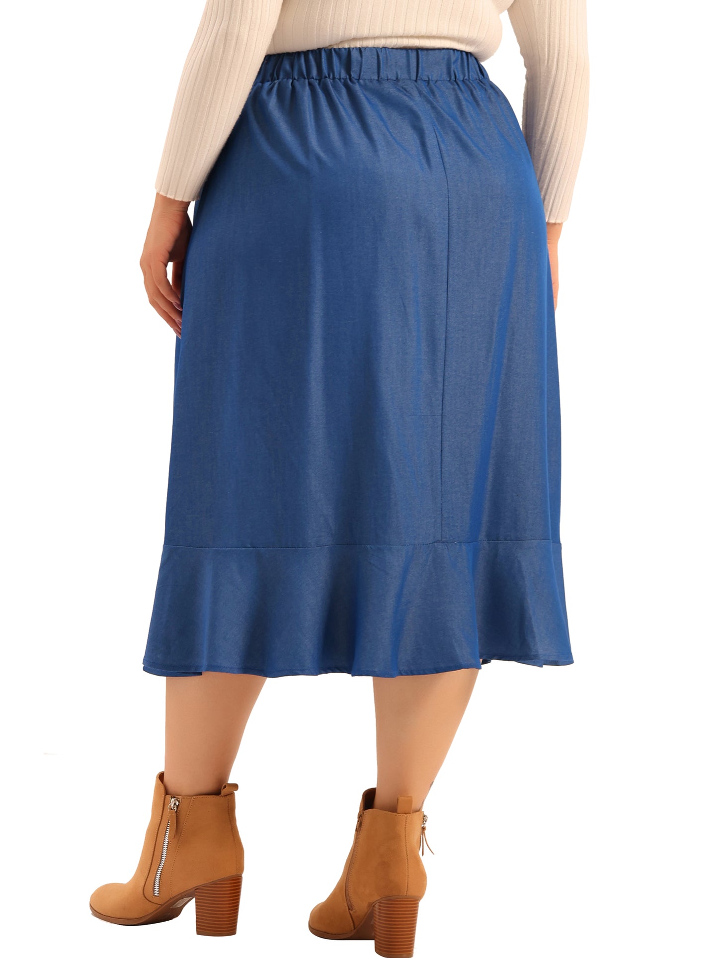 Women Plus Size Skirt Elastic Waist Ruffle Hem Chambray Midi Skirt
