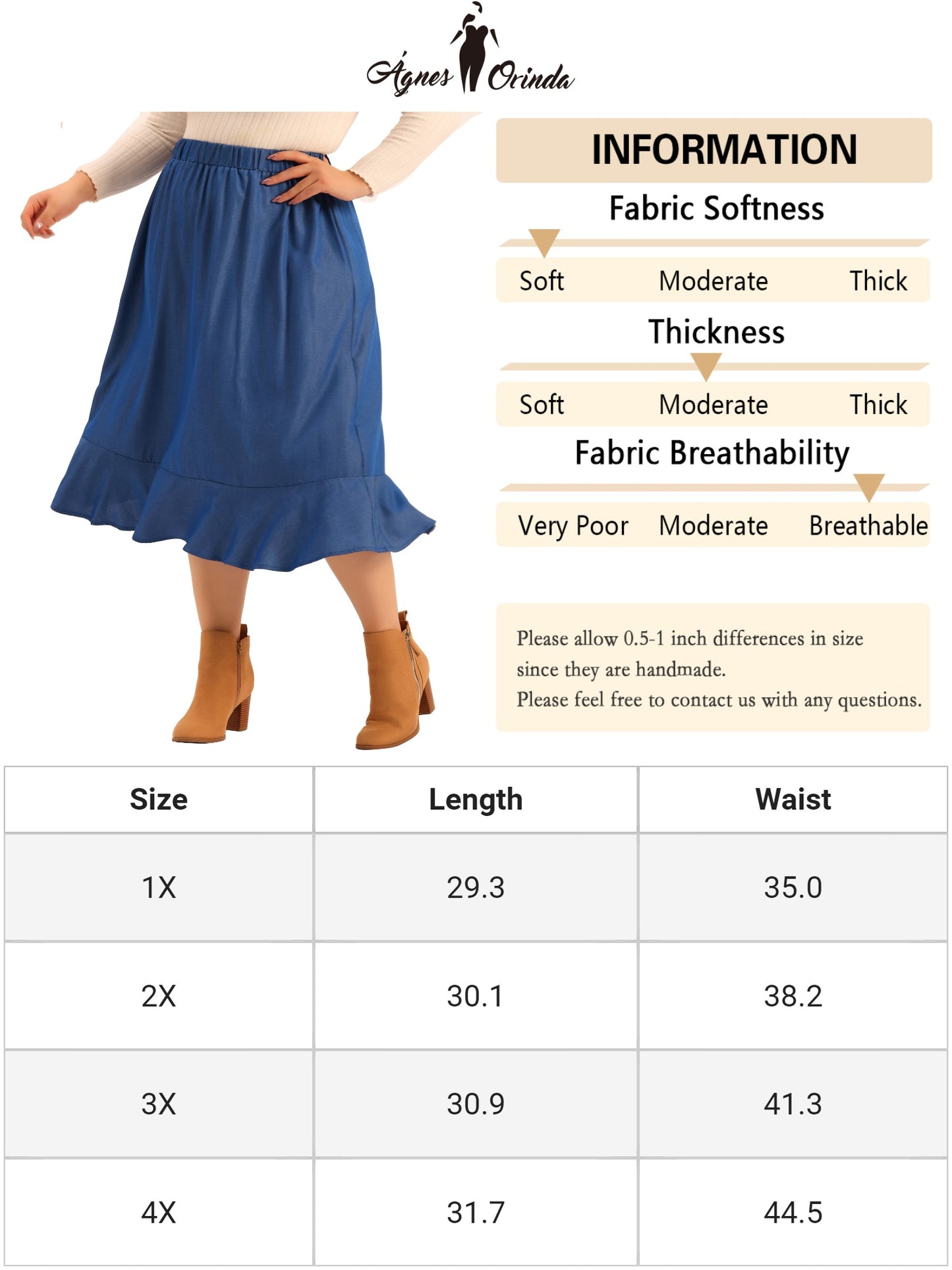 Women Plus Size Skirt Elastic Waist Ruffle Hem Chambray Midi Skirt