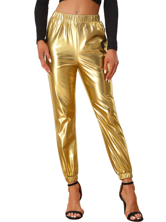 Pantalones metálicos para mujer, con cintura elástica, brillantes y holográficos