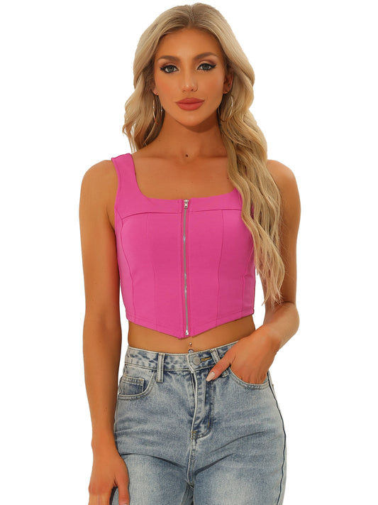 Women's Square Neck Asymmetrical Hem Zip Front Crop Cami Tank Top