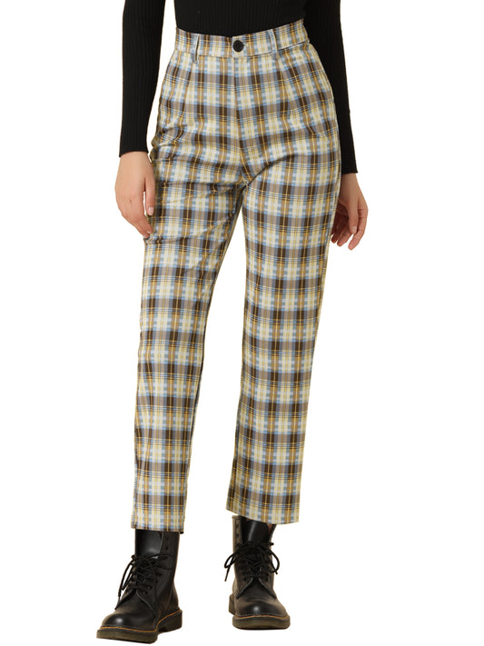 Women's Plaid Cropped Trousers Button Casual Tartan Check Work Pants