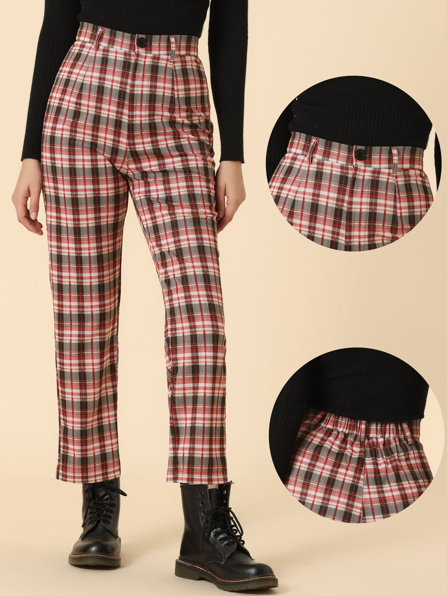 Women's Plaid Cropped Trousers Button Casual Tartan Check Work Pants
