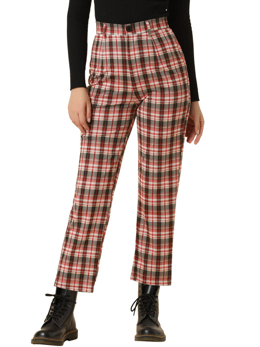 Women's Plaid Cropped Trousers Button Casual Tartan Check Work Pants