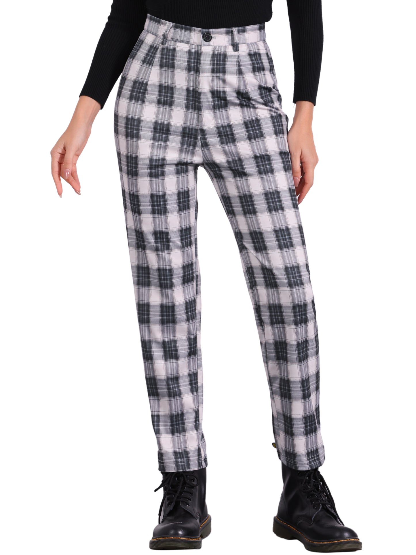 Women's Plaid Cropped Trousers Button Casual Tartan Check Work Pants
