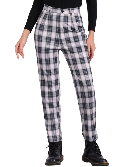 Women's Plaid Cropped Trousers Button Casual Tartan Check Work Pants