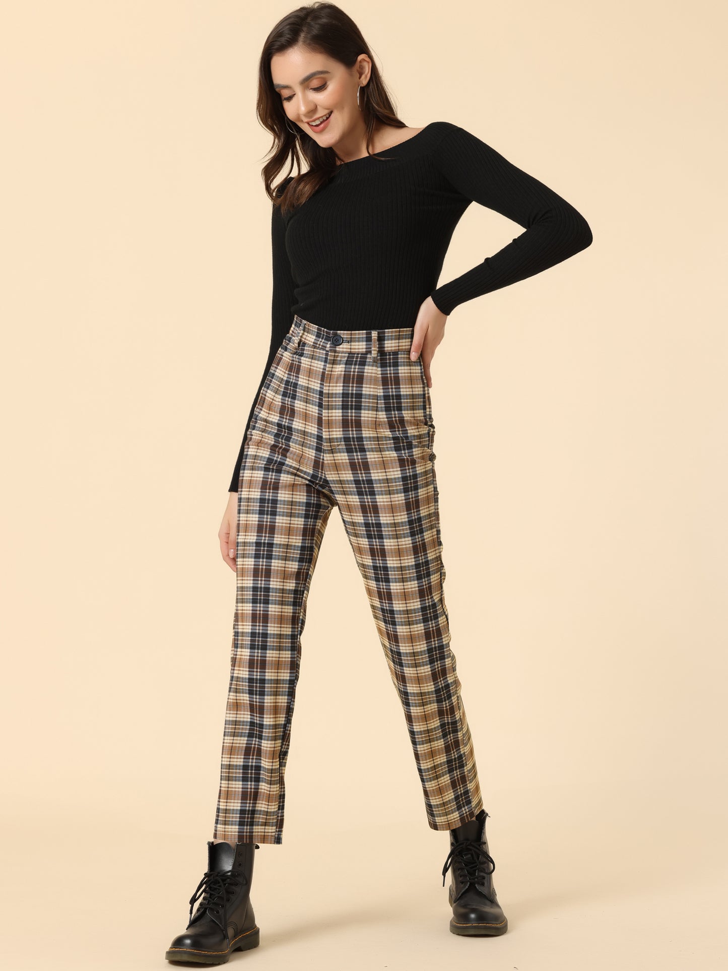 Women's Plaid Cropped Trousers Button Casual Tartan Check Work Pants