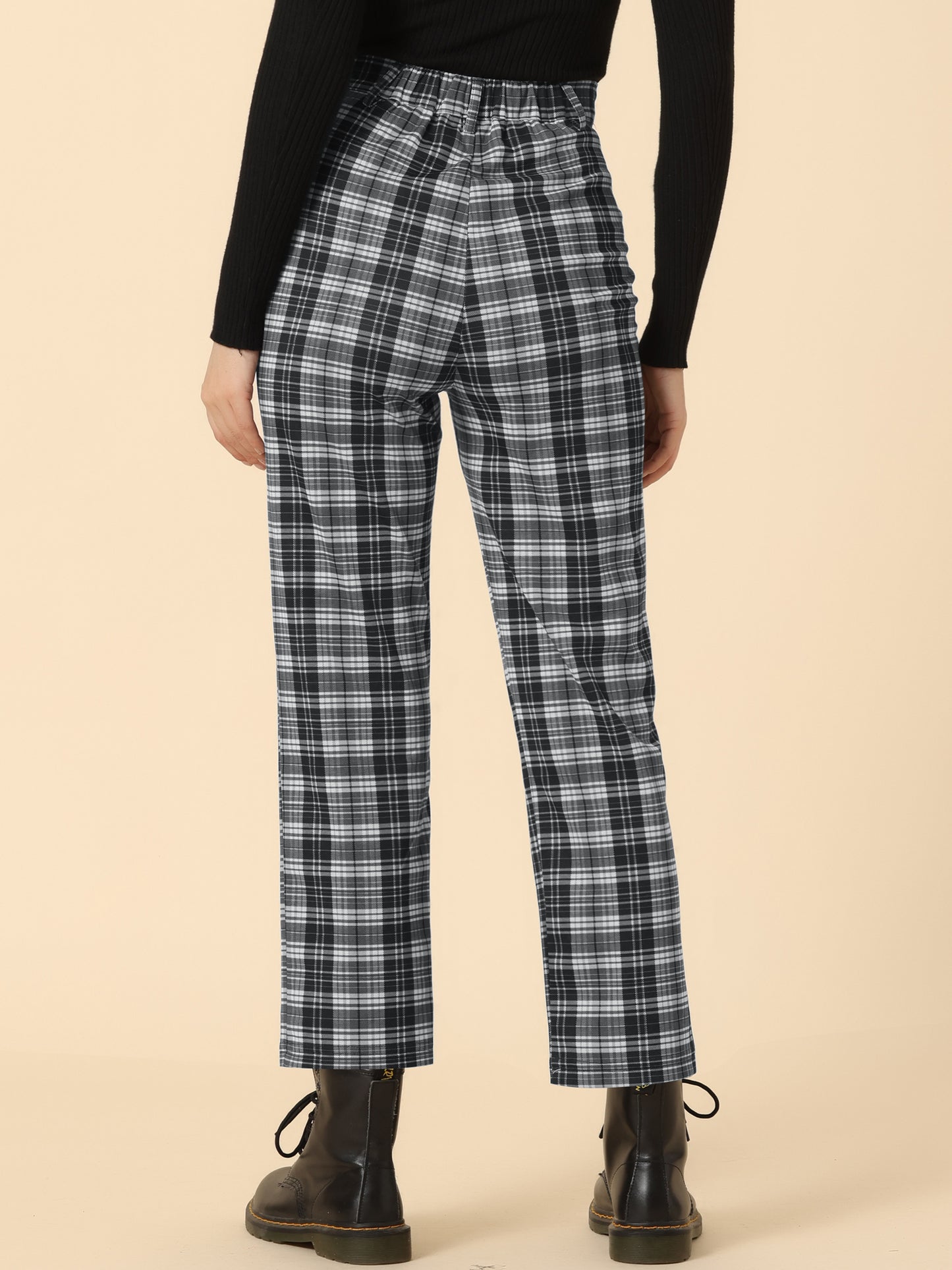 Women's Plaid Cropped Trousers Button Casual Tartan Check Work Pants
