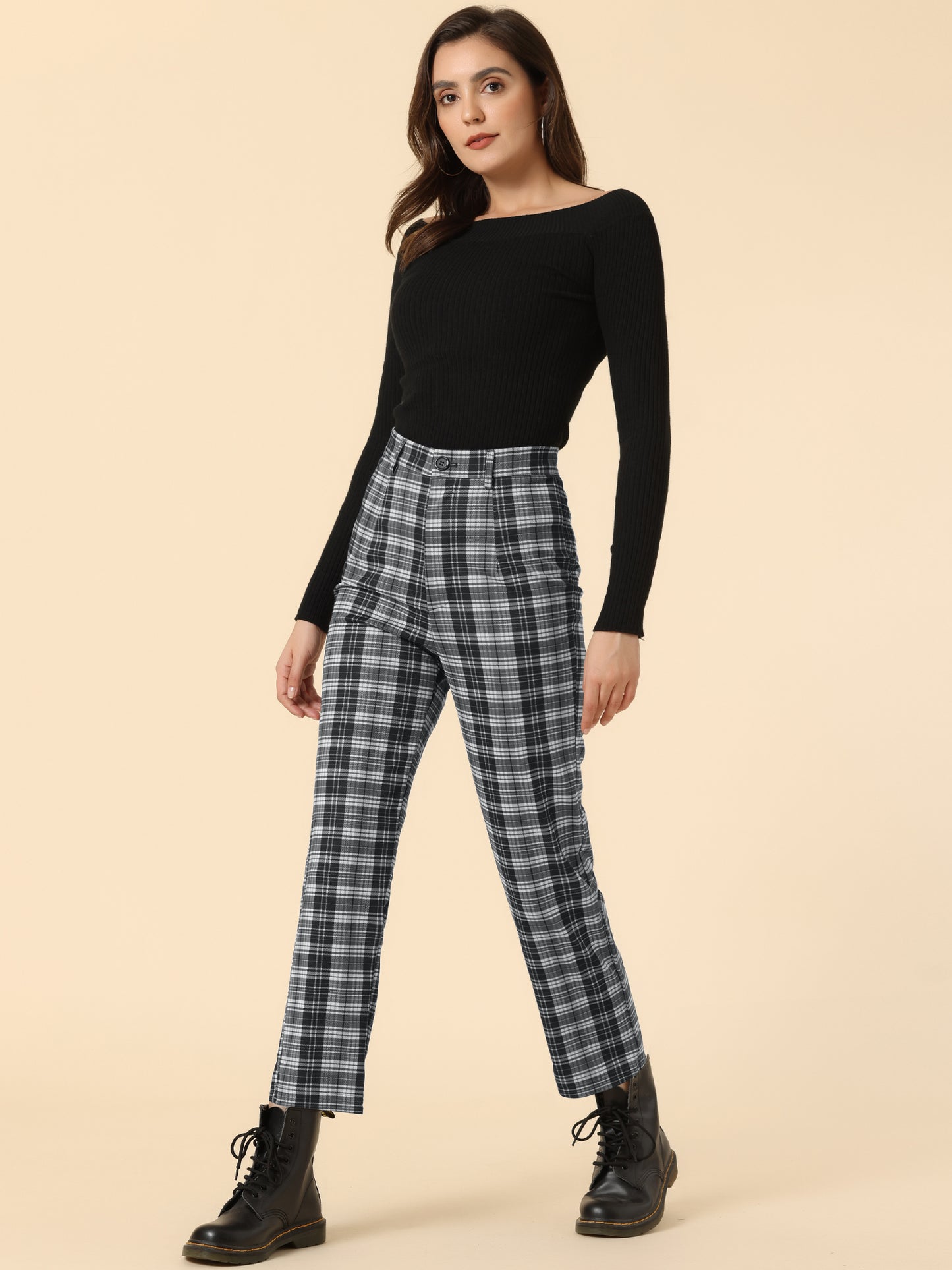 Women's Plaid Cropped Trousers Button Casual Tartan Check Work Pants