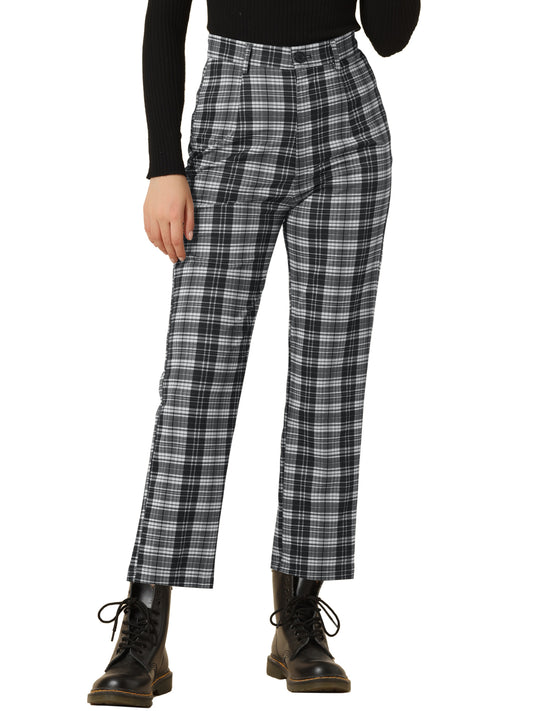 Women's Plaid Cropped Trousers Button Casual Tartan Check Work Pants