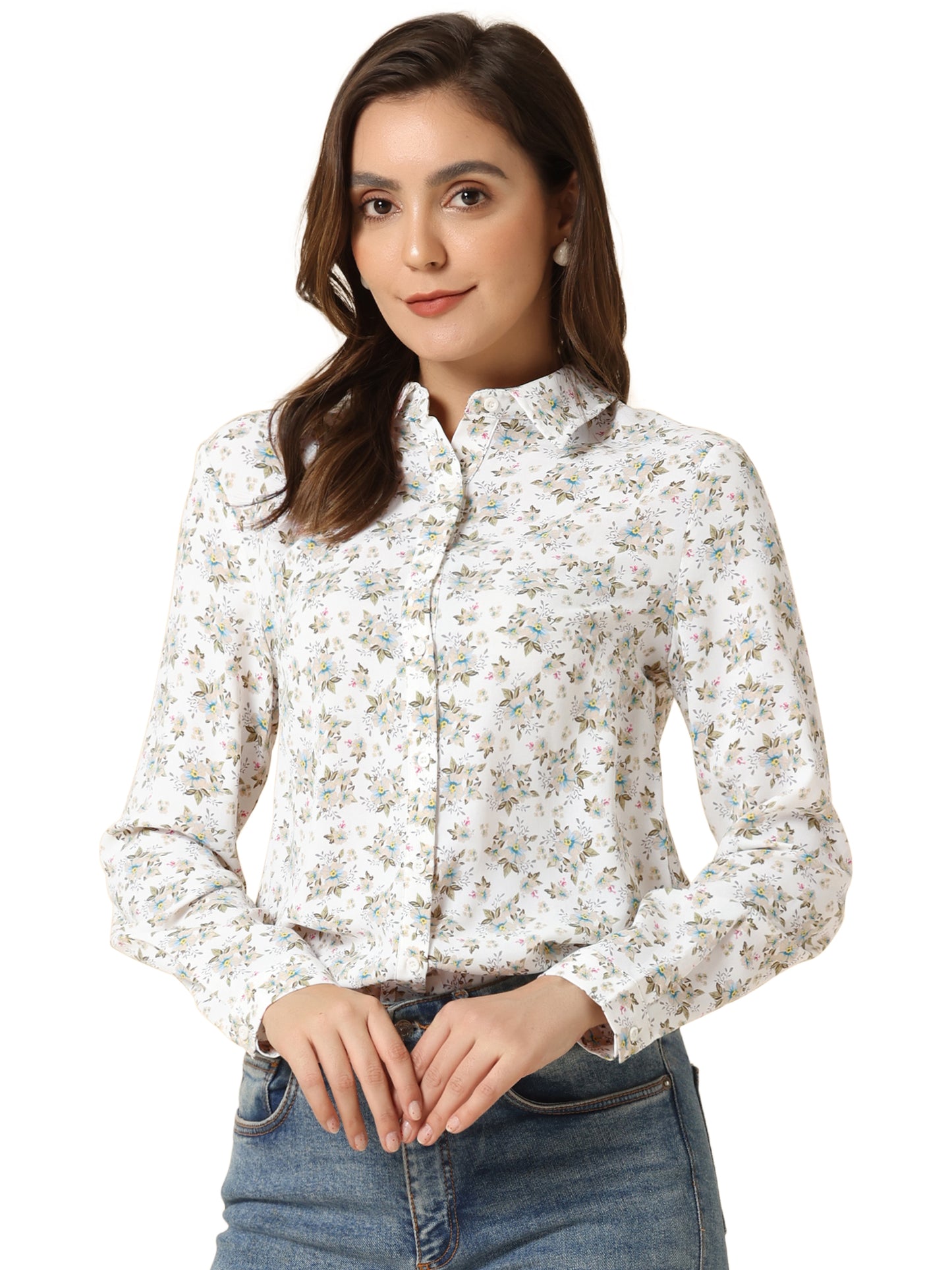 Women's Long Sleeve Button Down Ditsy Floral Shirt (Available in Plus Size)
