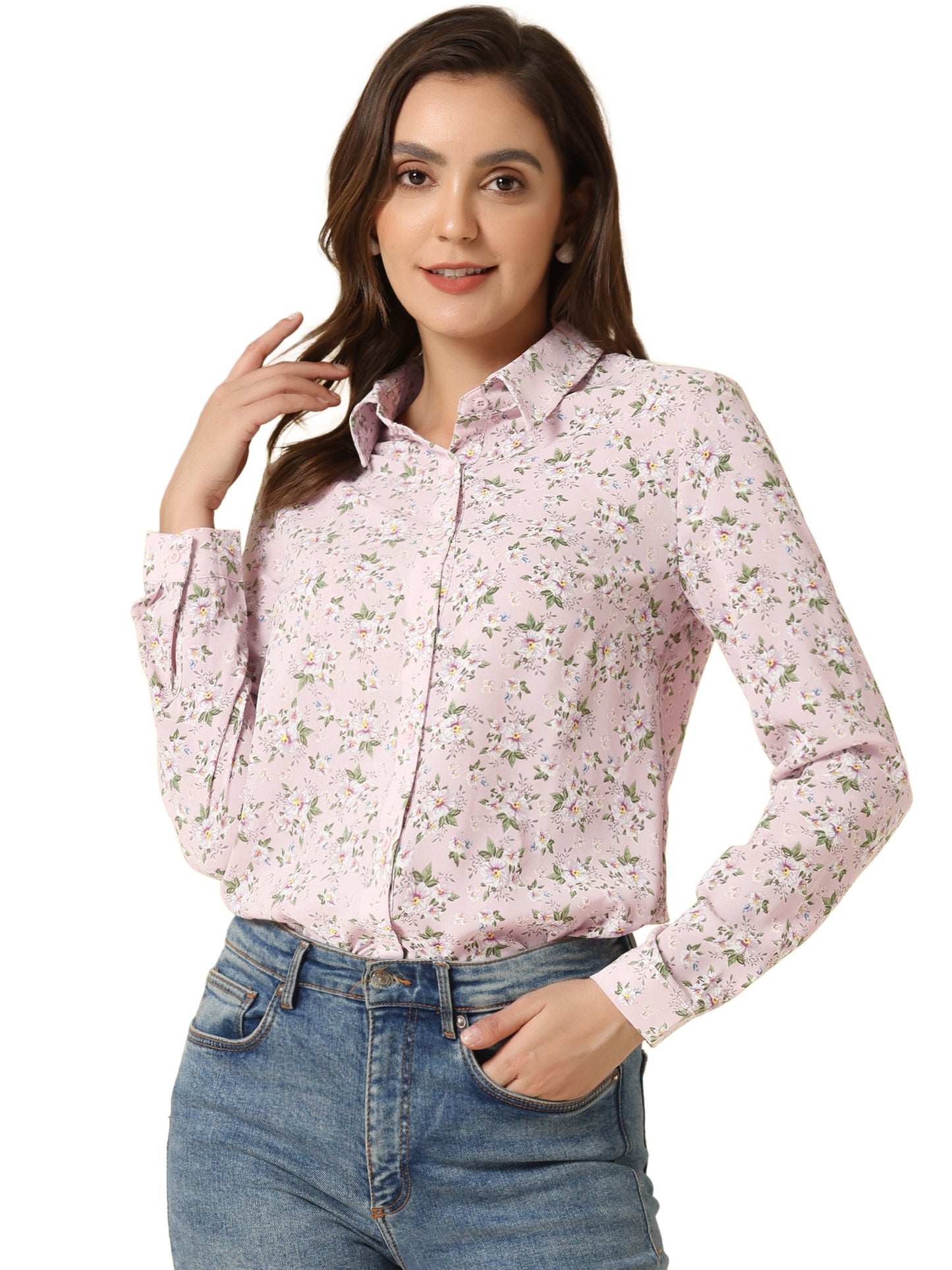 Women's Long Sleeve Button Down Ditsy Floral Shirt (Available in Plus Size)