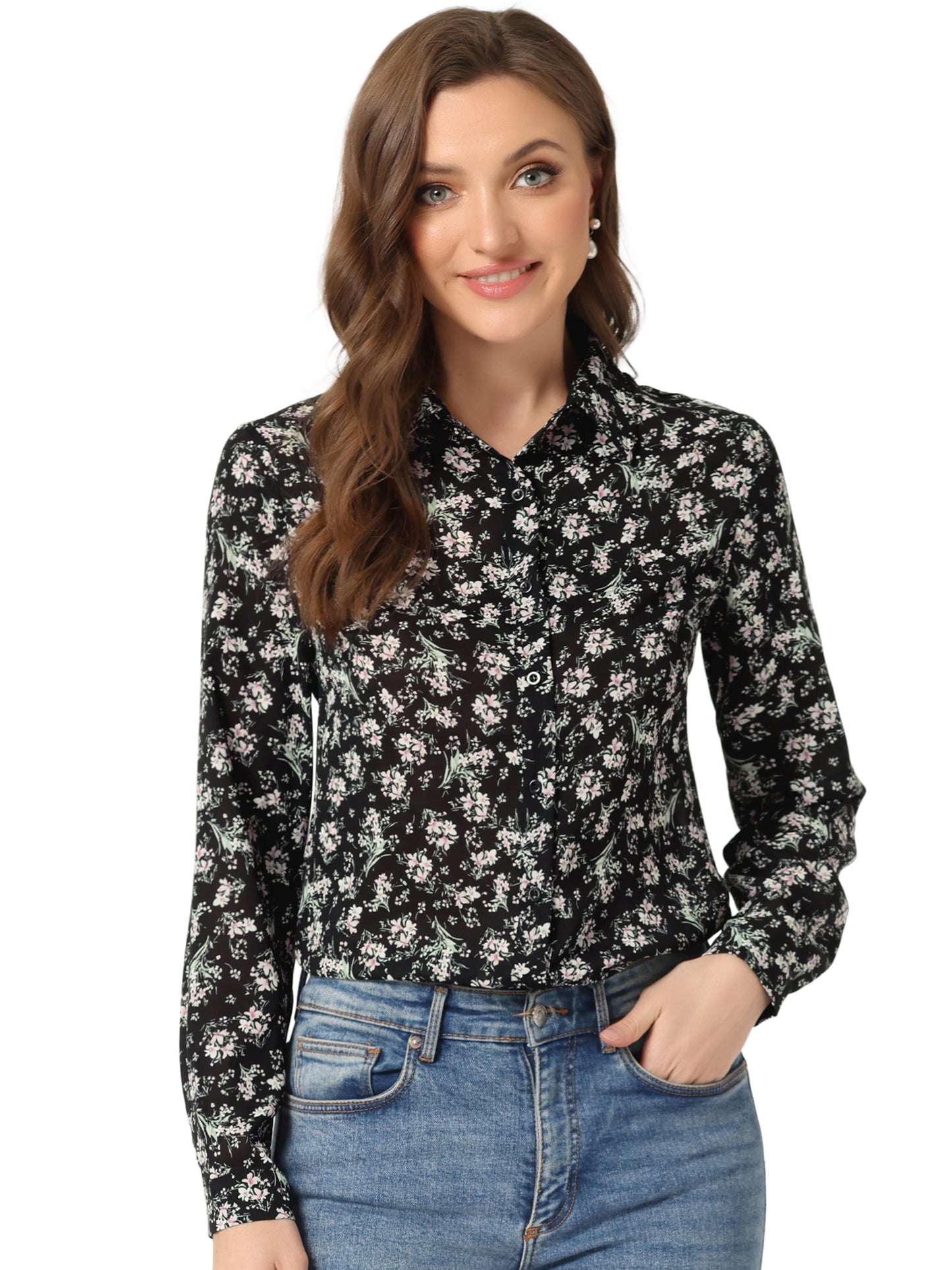 Women's Long Sleeve Button Down Ditsy Floral Shirt (Available in Plus Size)