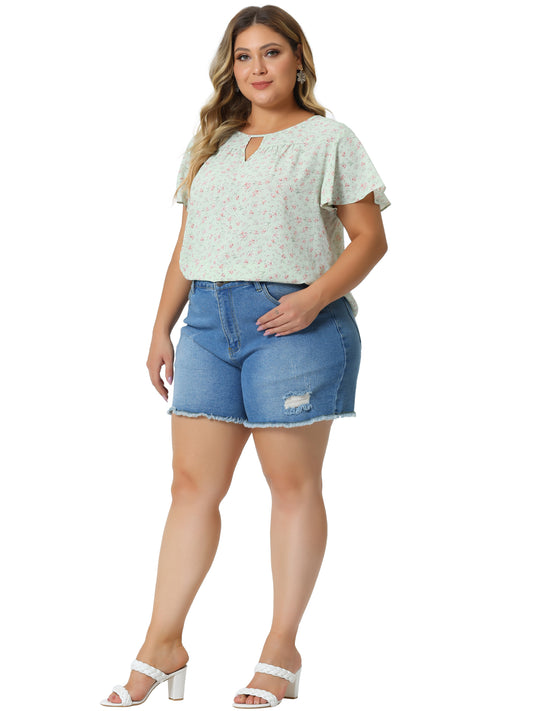 Women's Plus Size Blouses Summer Ruffle Short Sleeve Shirts Keyhole Chiffon Top