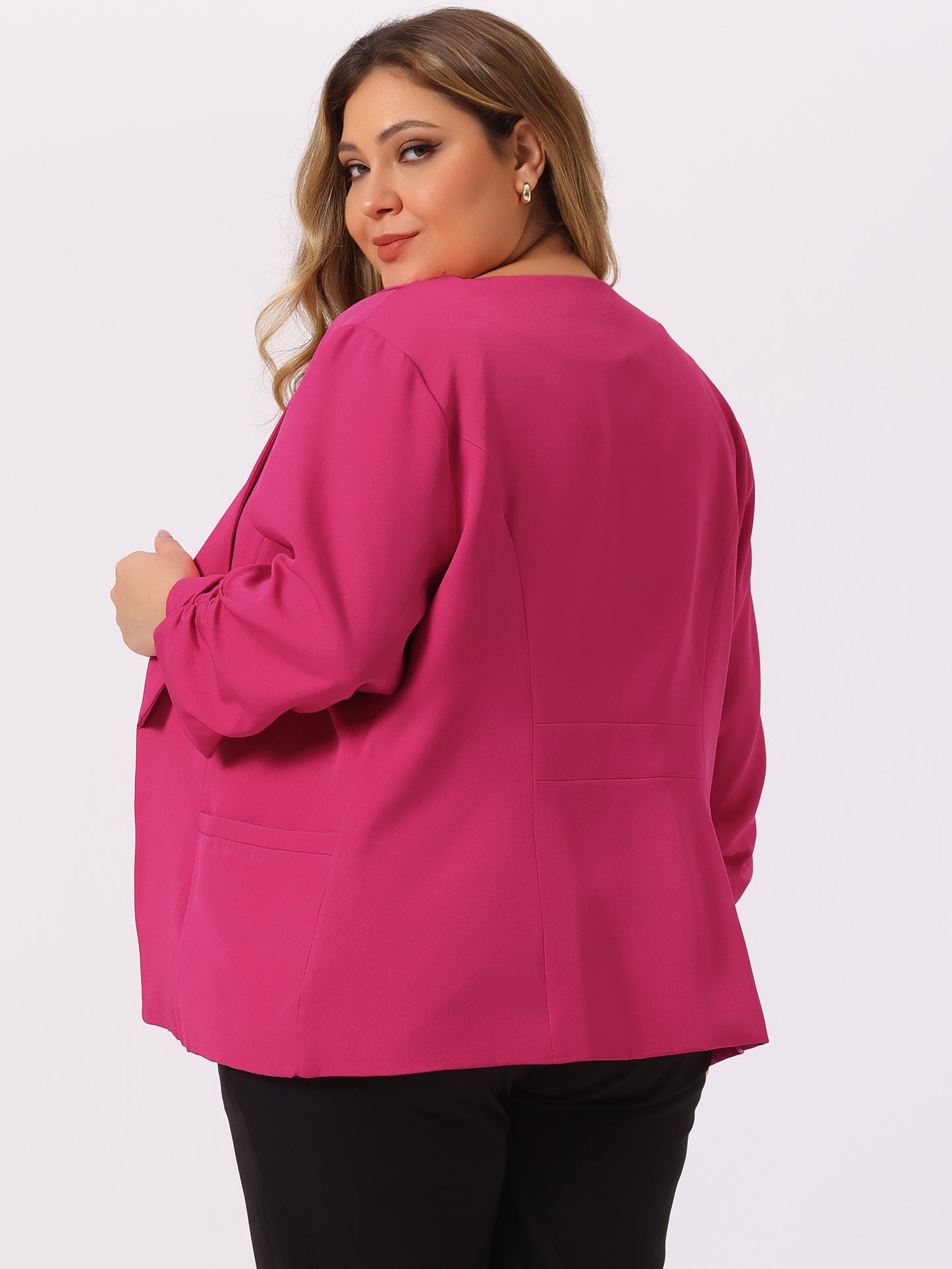 Women's Plus Size Shawl Collar Open Front 3/4 Ruched Sleeve Work Office Lightweight Blazer