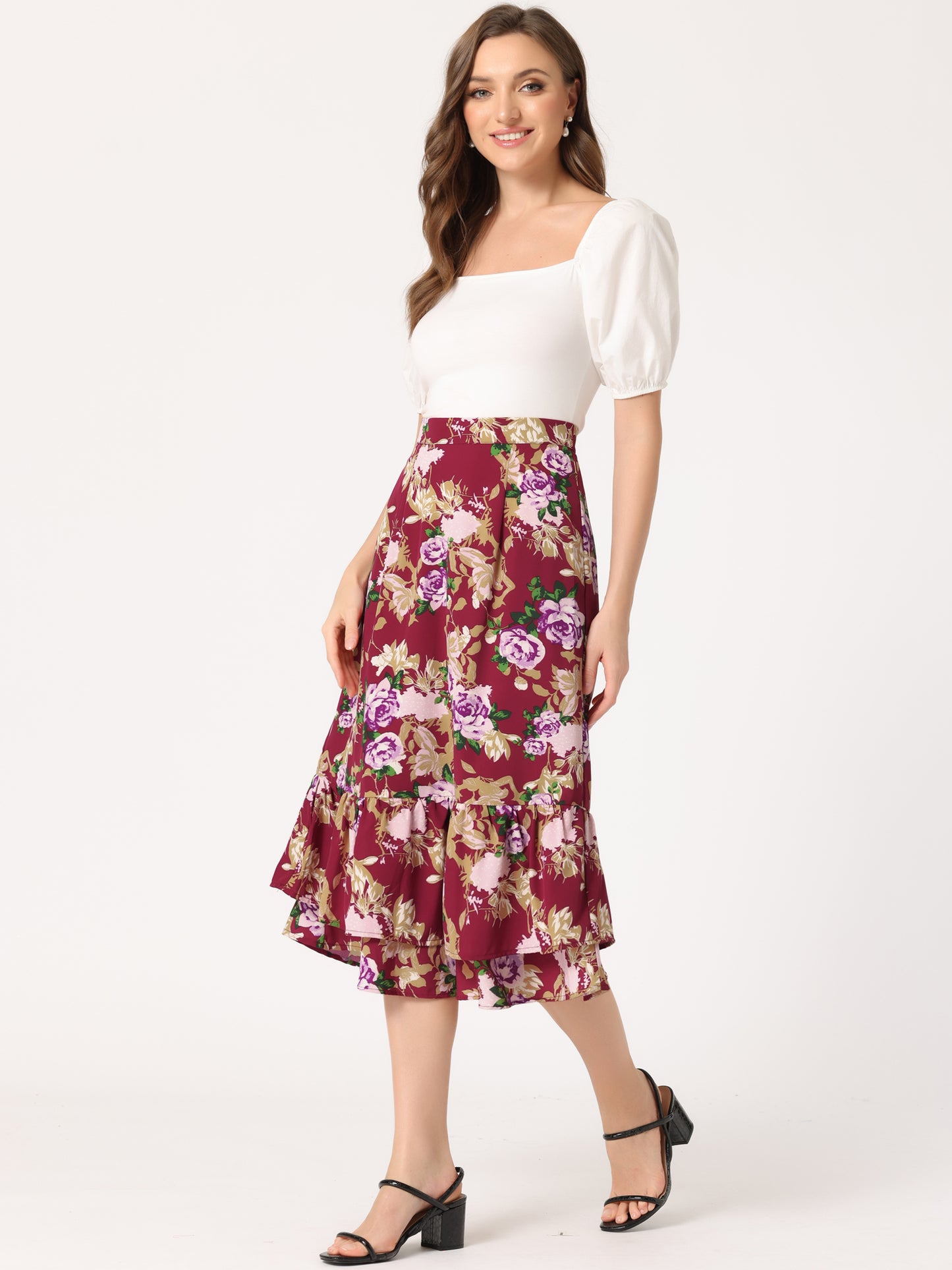 Women's Printed Skirt Summer Chiffon Ruffle Tiered Flowy Midi Skirt