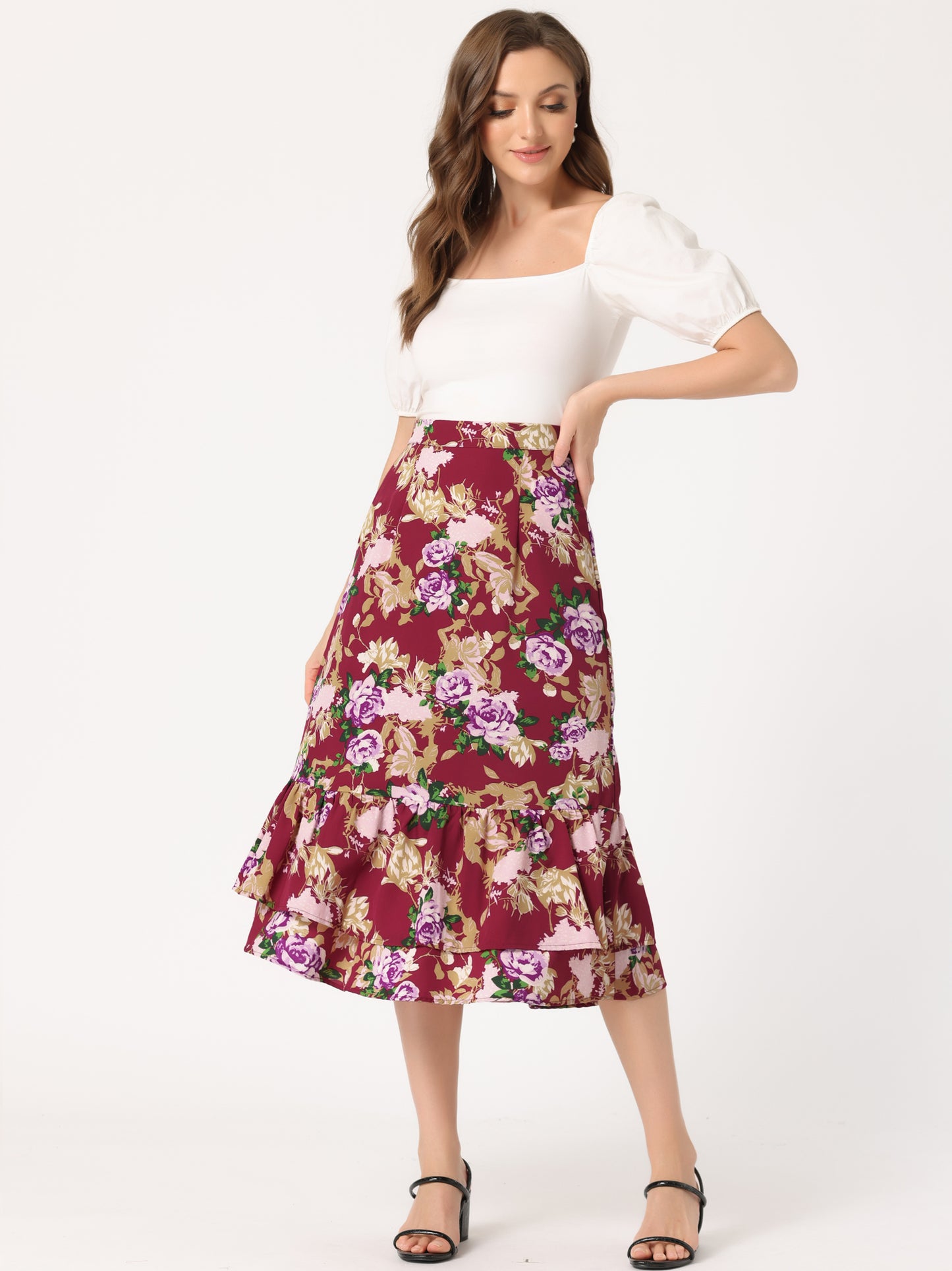 Women's Printed Skirt Summer Chiffon Ruffle Tiered Flowy Midi Skirt