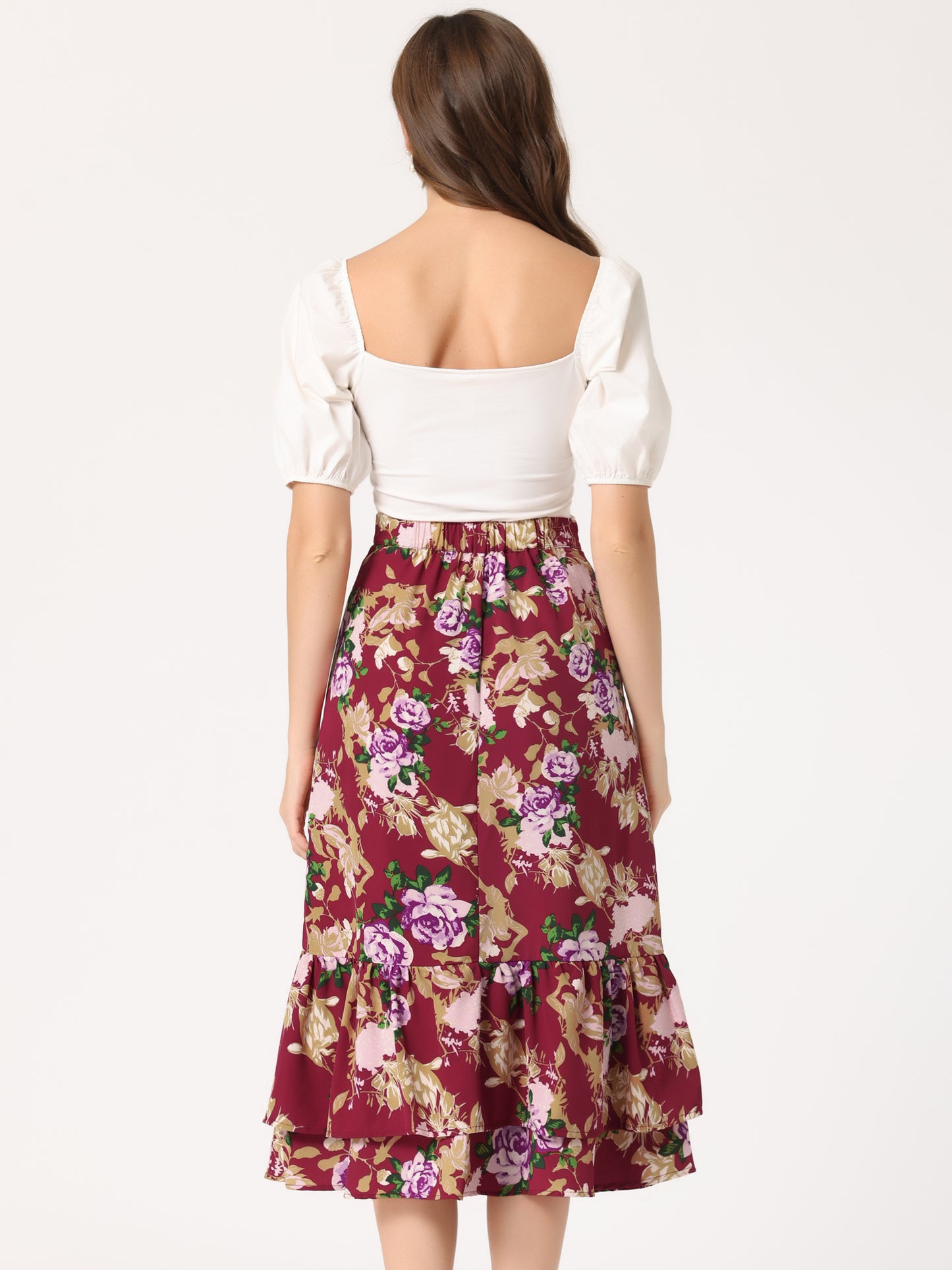 Women's Printed Skirt Summer Chiffon Ruffle Tiered Flowy Midi Skirt