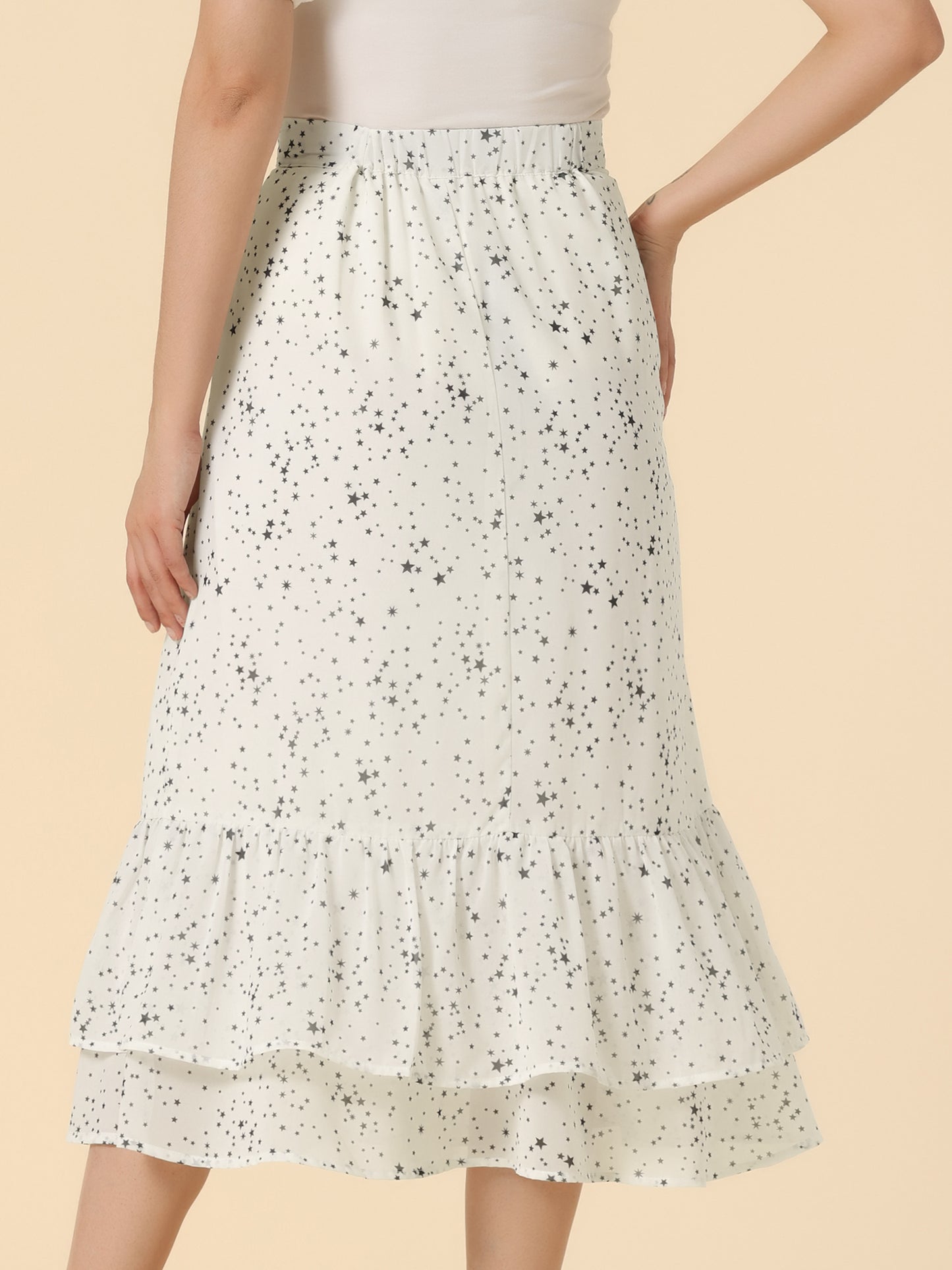 Falda midi holgada de gasa con volantes y estampado de verano para mujer