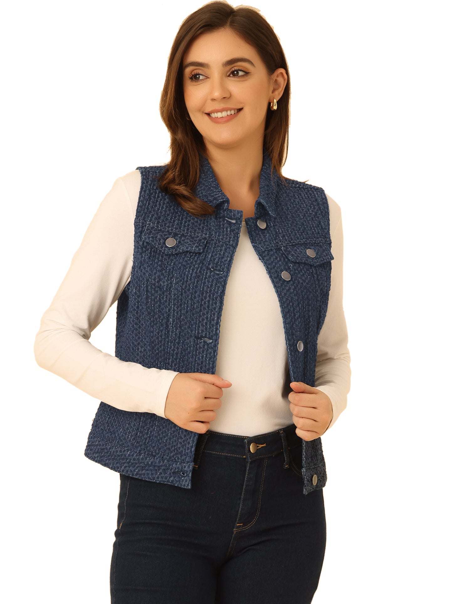 Women's Buttoned Washed Denim Vest Jacket W Chest Flap Pockets