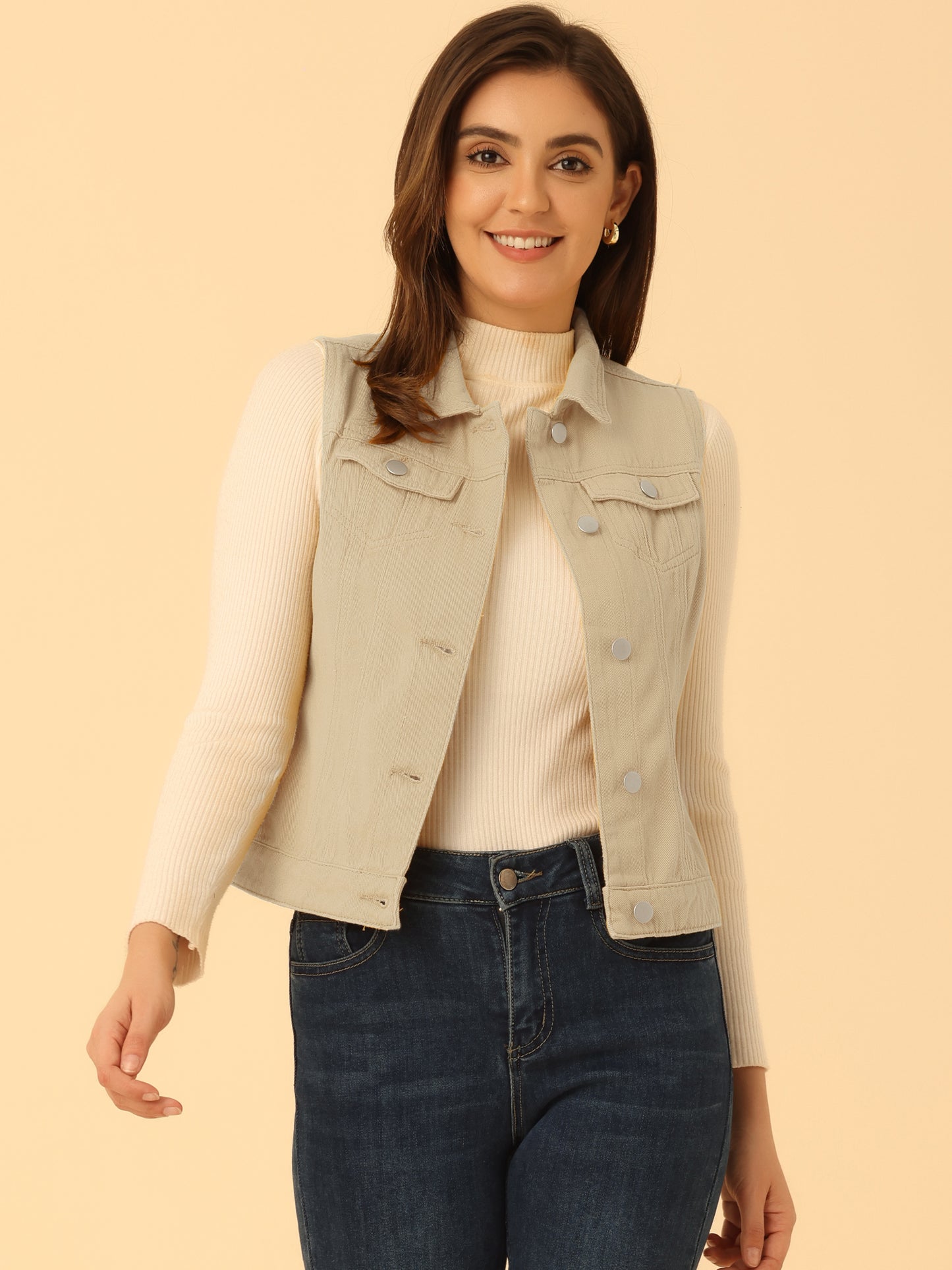 Women's Buttoned Washed Denim Vest Jacket W Chest Flap Pockets