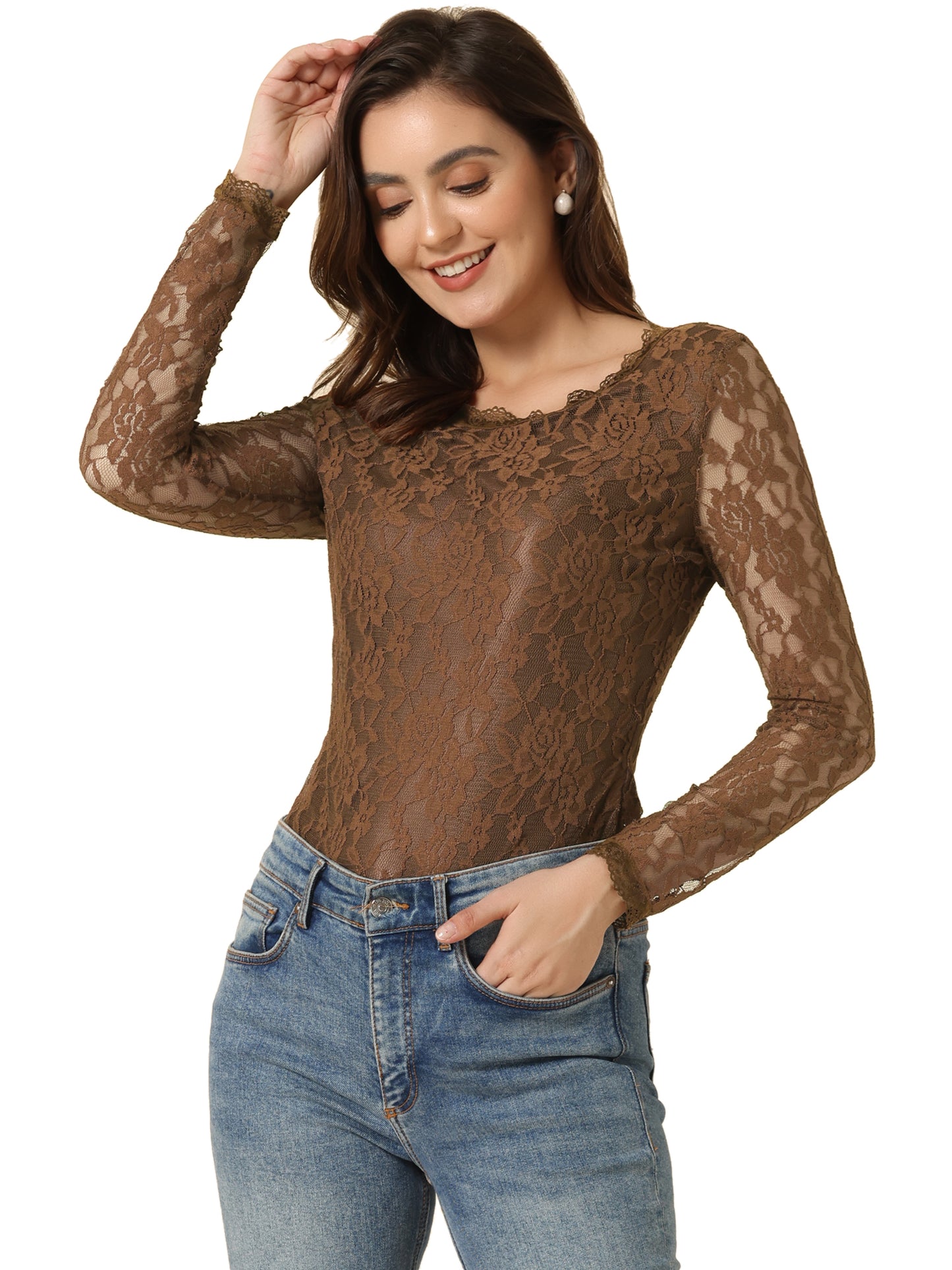 Women's Lace Sheer Dressy Casual Floral Lace Long Sleeve Top