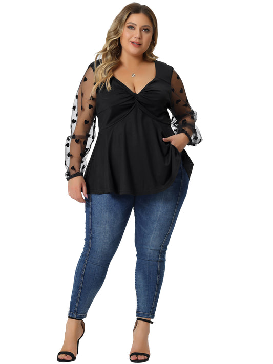 Women Plus Size Top Long Sleeve V Neck Mesh Sheer Peplum Top Babydoll Blouse