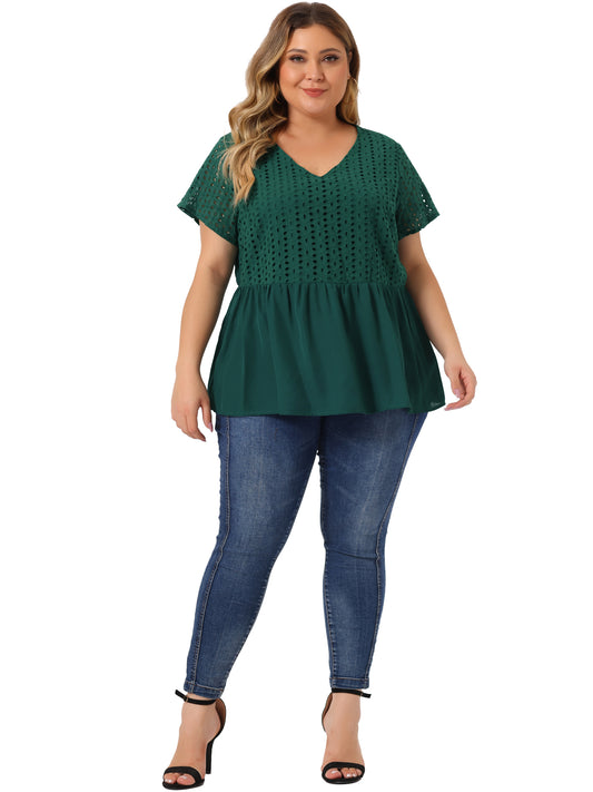 Women Plus Size Peplum BlouseSummer Short Sleeves V Neck Babydoll Top