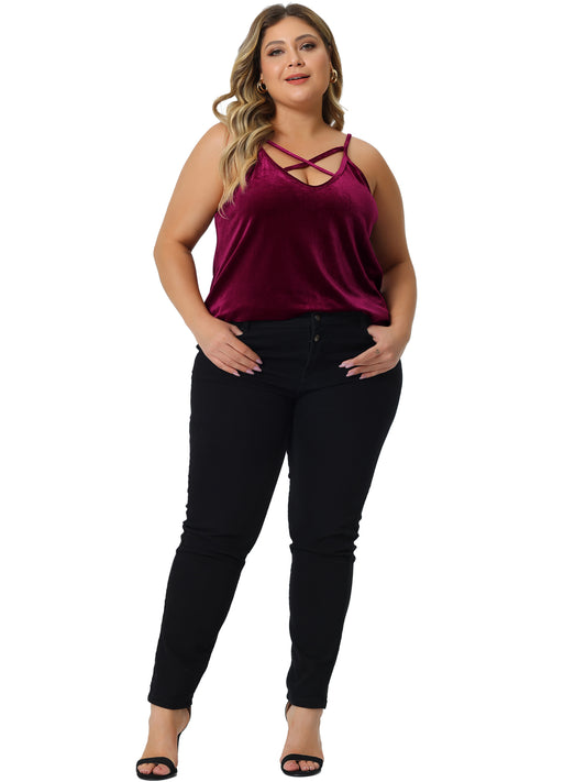Women Plus Size Camis Criss Cross V Neck Spaghetti Strap Cami Velvet Tank Top