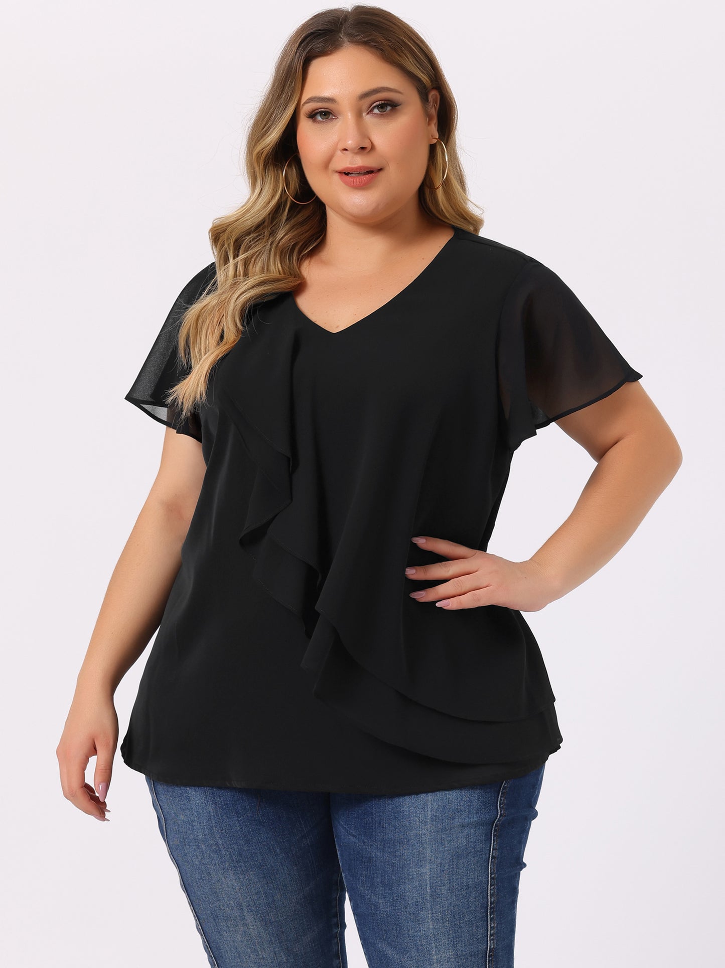 Women Plus Size Flutter Sleeves Tops V Neck Layer Chiffon Blouse Ruffle Top