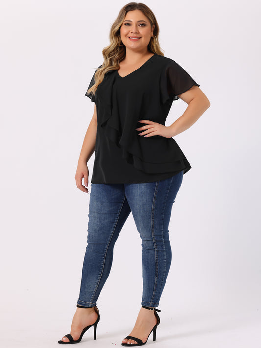 Women Plus Size Flutter Sleeves Tops V Neck Layer Chiffon Blouse Ruffle Top