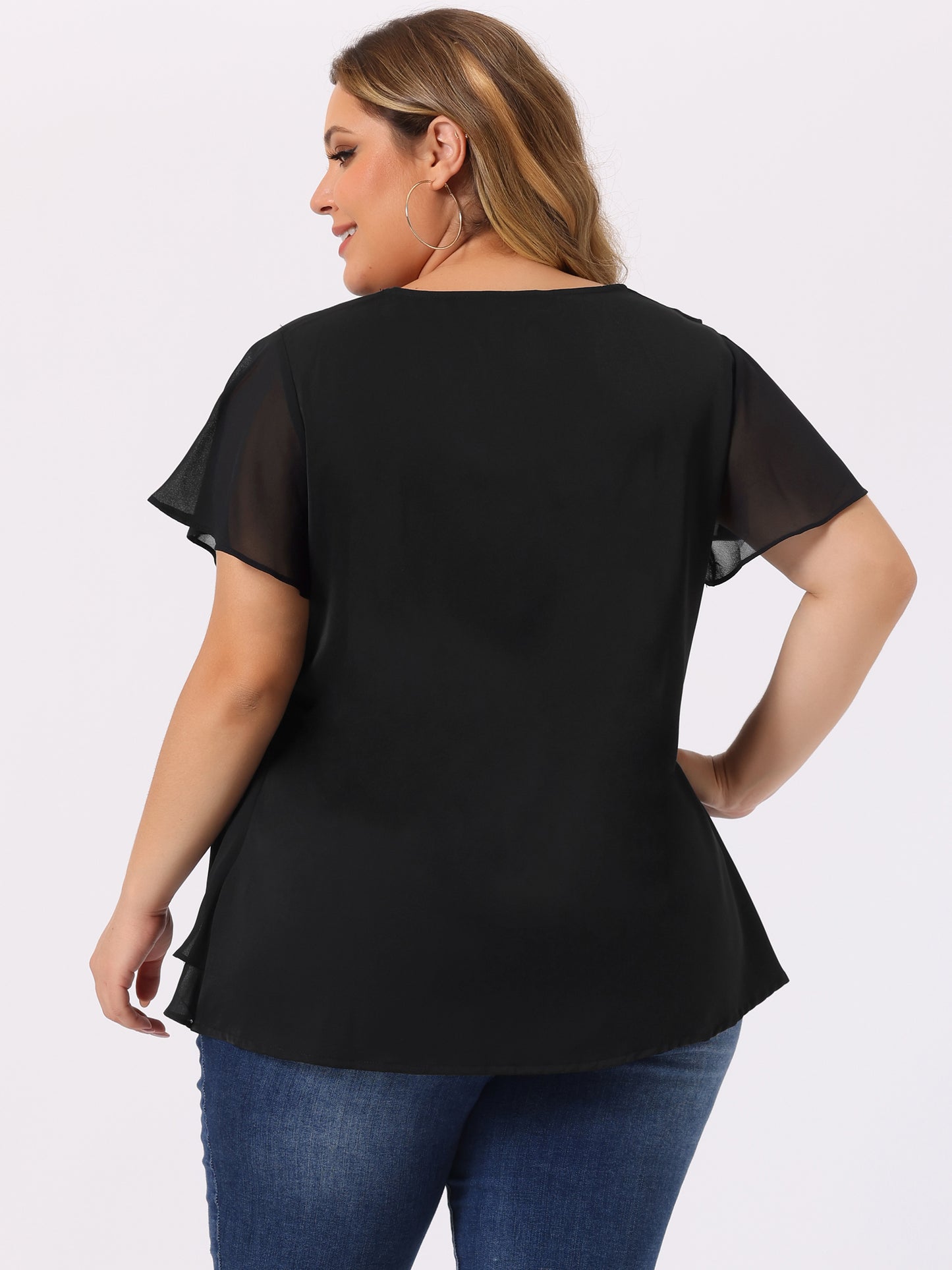 Women Plus Size Flutter Sleeves Tops V Neck Layer Chiffon Blouse Ruffle Top