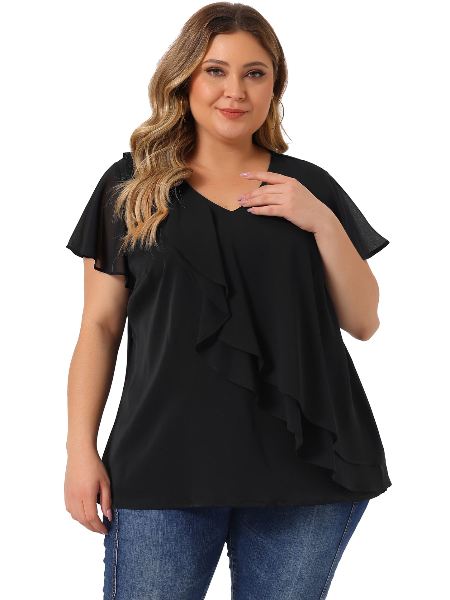 Women Plus Size Flutter Sleeves Tops V Neck Layer Chiffon Blouse Ruffle Top