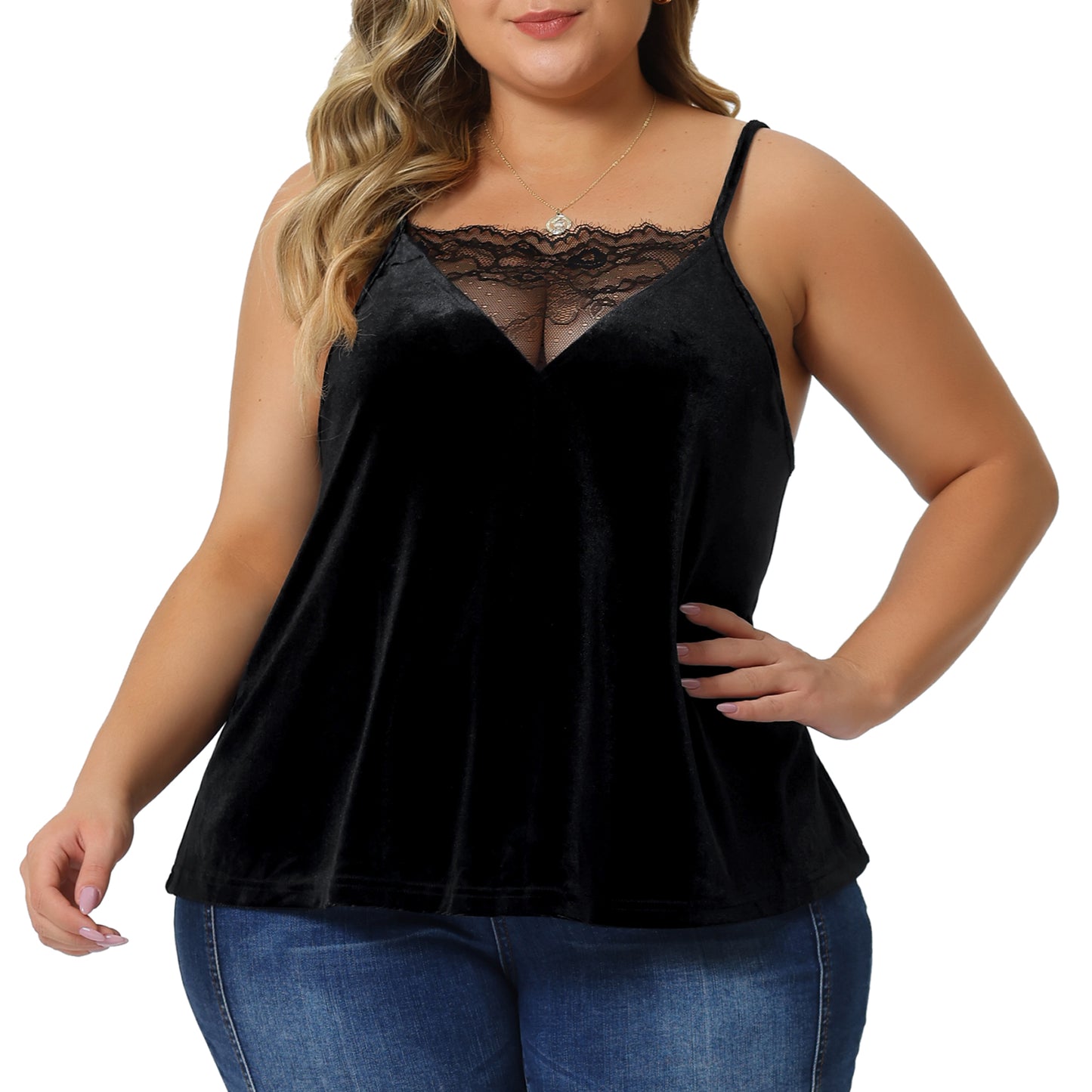 Camisola de terciopelo sexy de talla grande para mujer, camisola de encaje con escote en V profundo sin mangas, camiseta holgada sin mangas