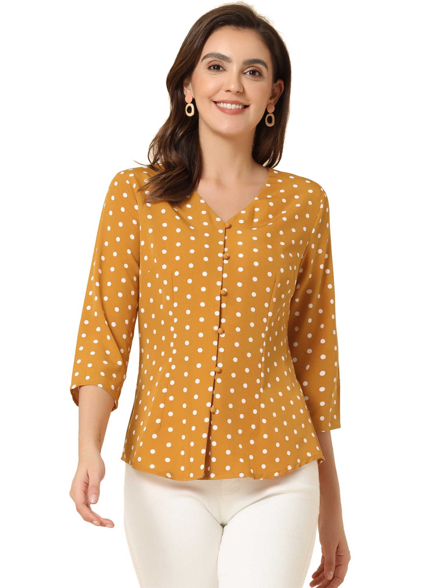 Women's Polka Dots 3/4 Sleeve Button Front V Neck Blouse Shirt (Available in Plus Size)