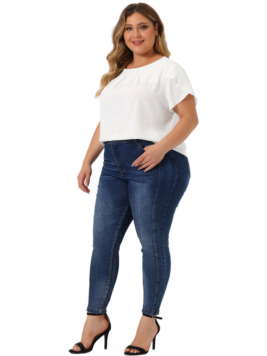Women Plus Size Work Top Round Neck Pleated Tulip Sleeves Blouse Summer Top