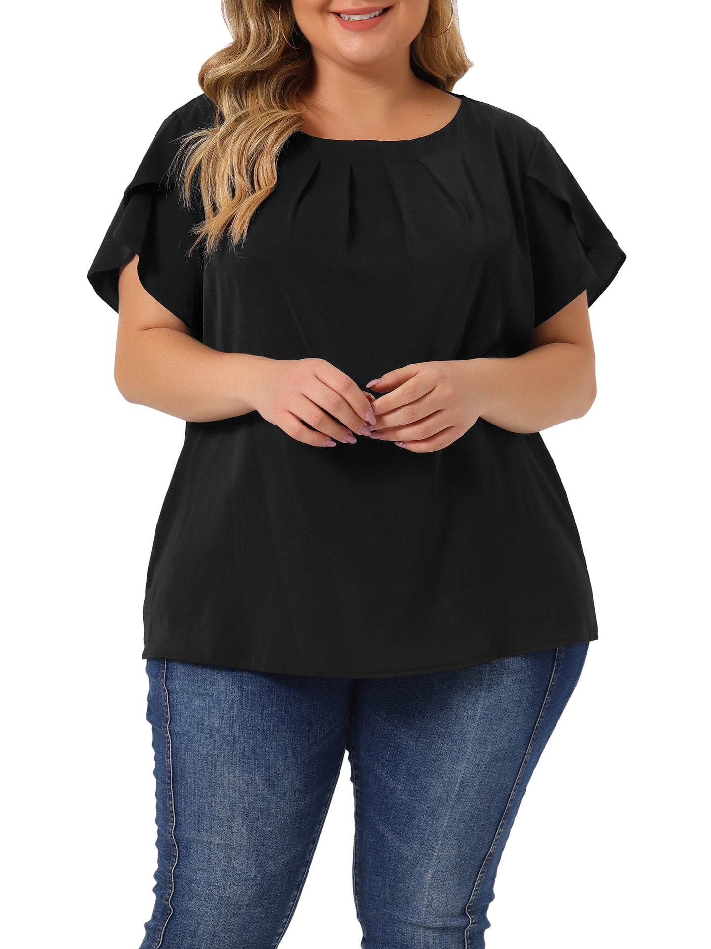 Women Plus Size Work Top Round Neck Pleated Tulip Sleeves Blouse Summer Top