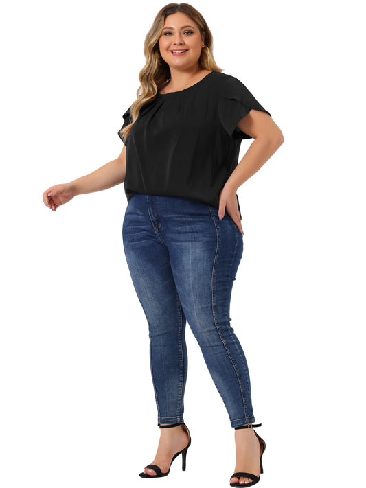 Women Plus Size Work Top Round Neck Pleated Tulip Sleeves Blouse Summer Top
