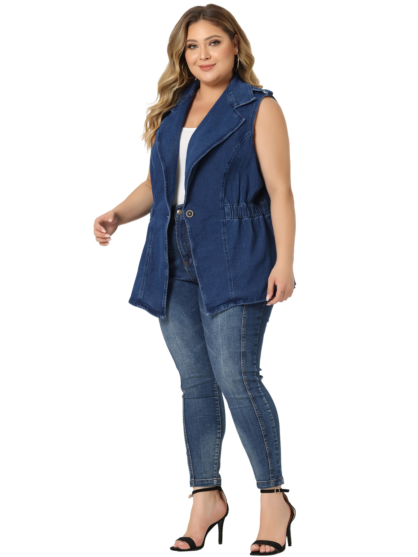 Women's Plus Size Denim Vest Sleeveless Lapel Button Elastic Waist Casual Denim Jackets Vest