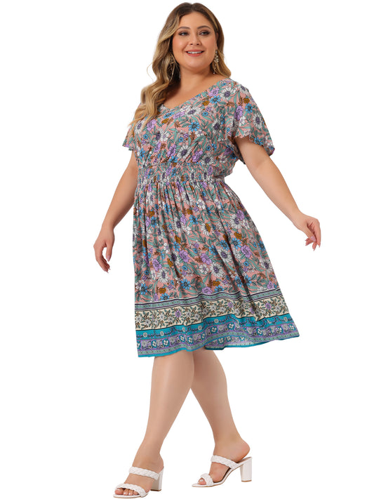 Women Plus Size Placed Pattern Bohemian Smock Waist V Neck Summer Midi Dress