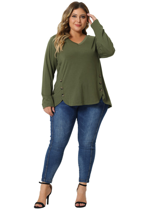 Women Plus Size Tunic Tops Casual V Neck Loose Button Side Long Sleeve Basic Swing Blouse