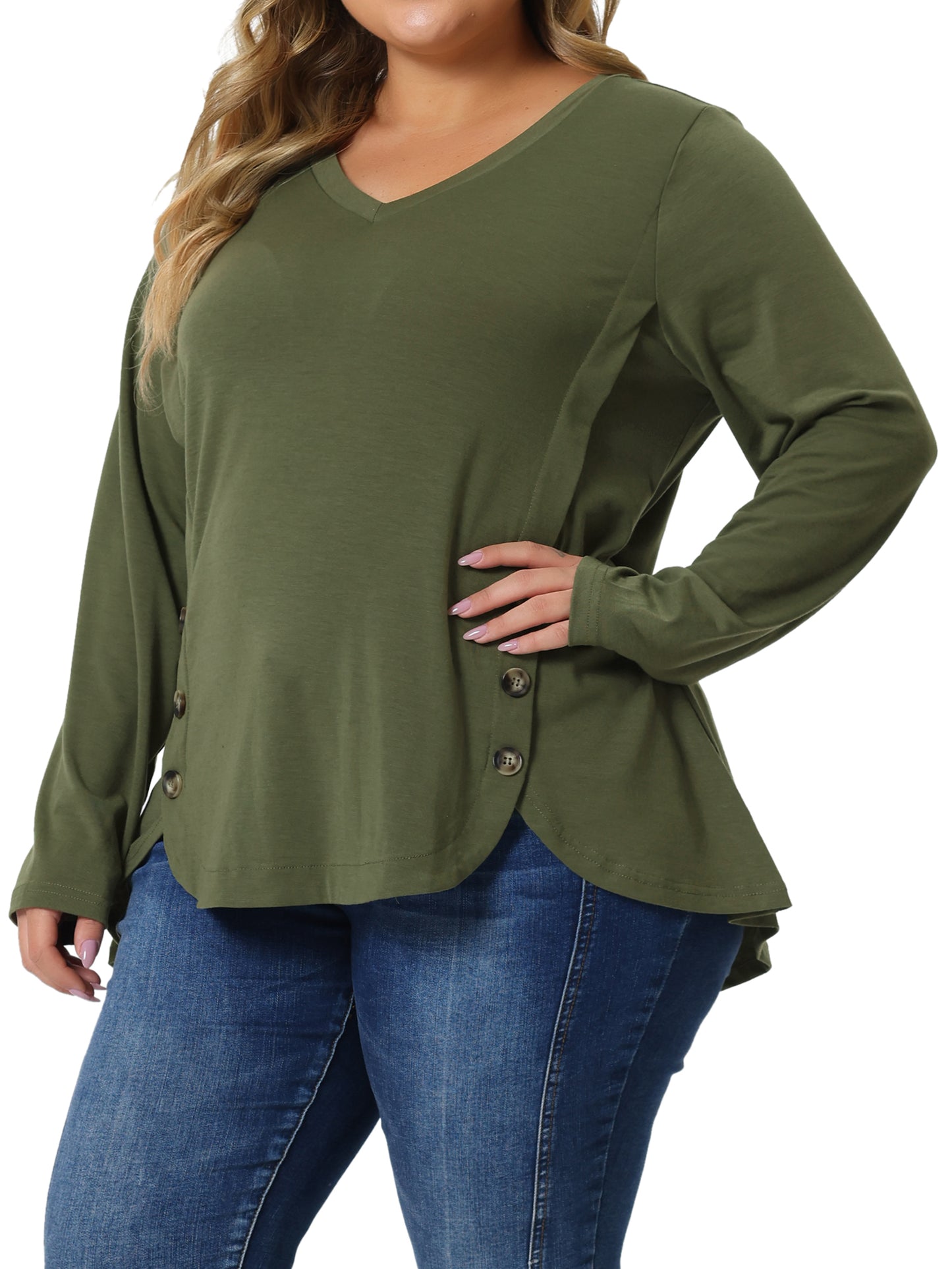 Women Plus Size Tunic Tops Casual V Neck Loose Button Side Long Sleeve Basic Swing Blouse
