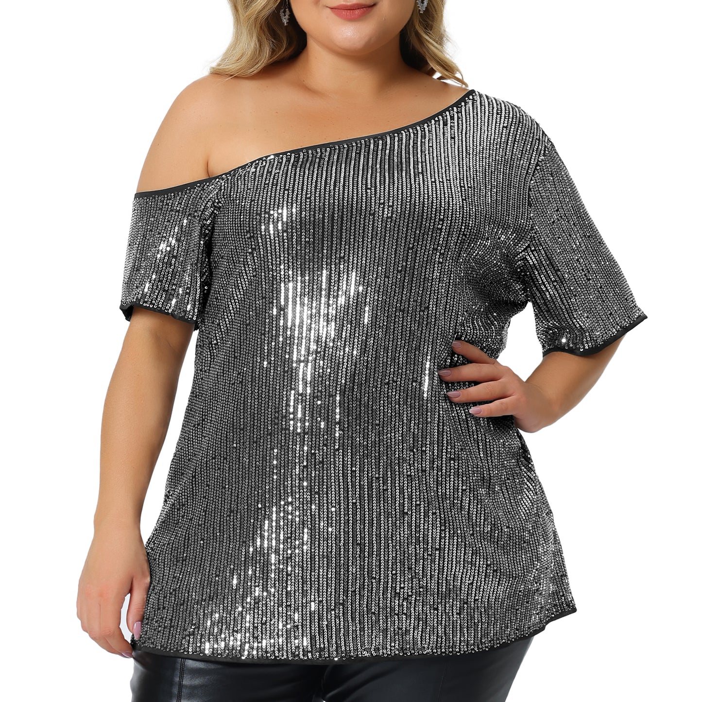 Women Plus Size Top One Shoulder Short Sleeve Metallic Blouses Party Sequin Top
