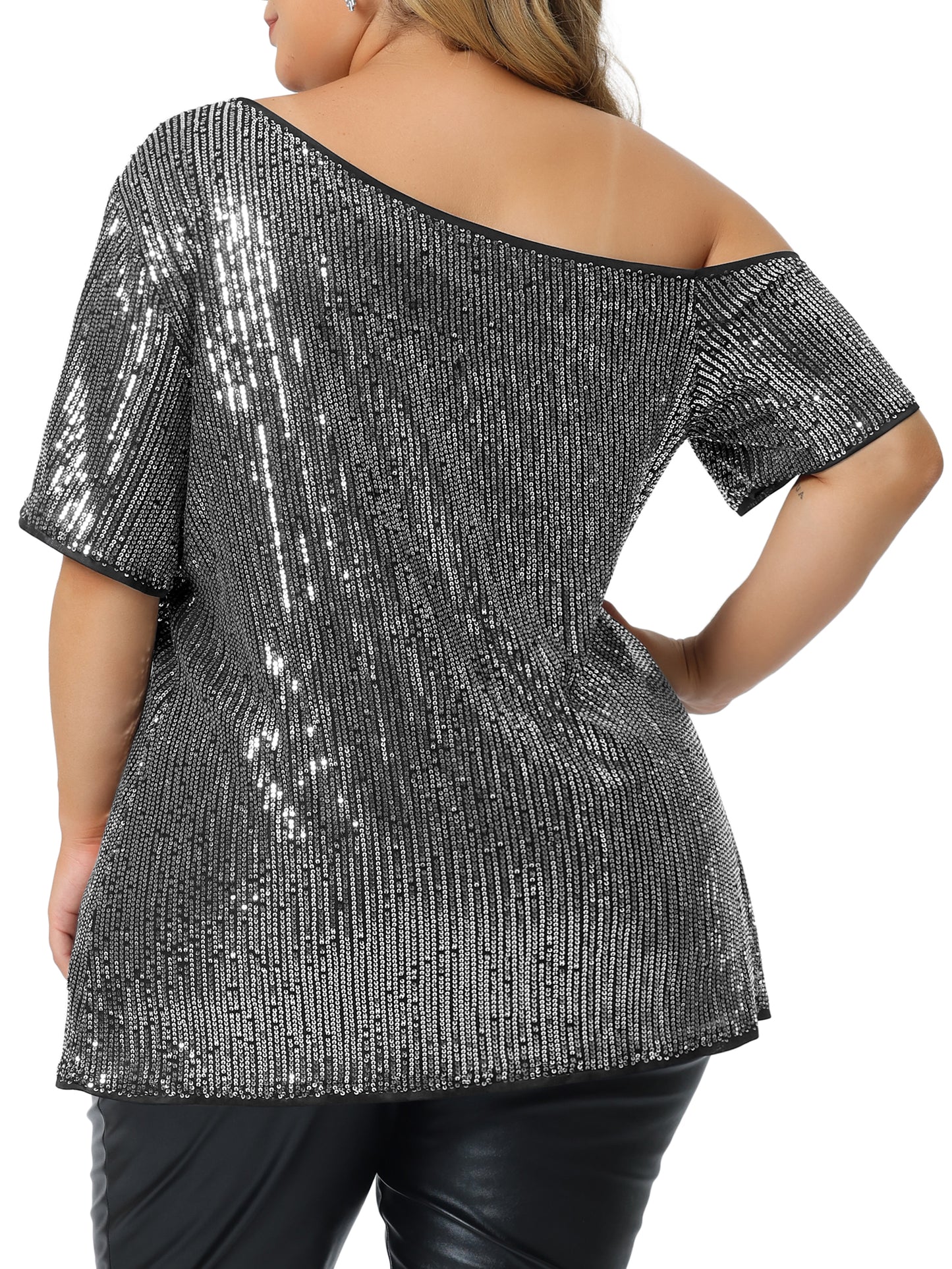 Women Plus Size Top One Shoulder Short Sleeve Metallic Blouses Party Sequin Top