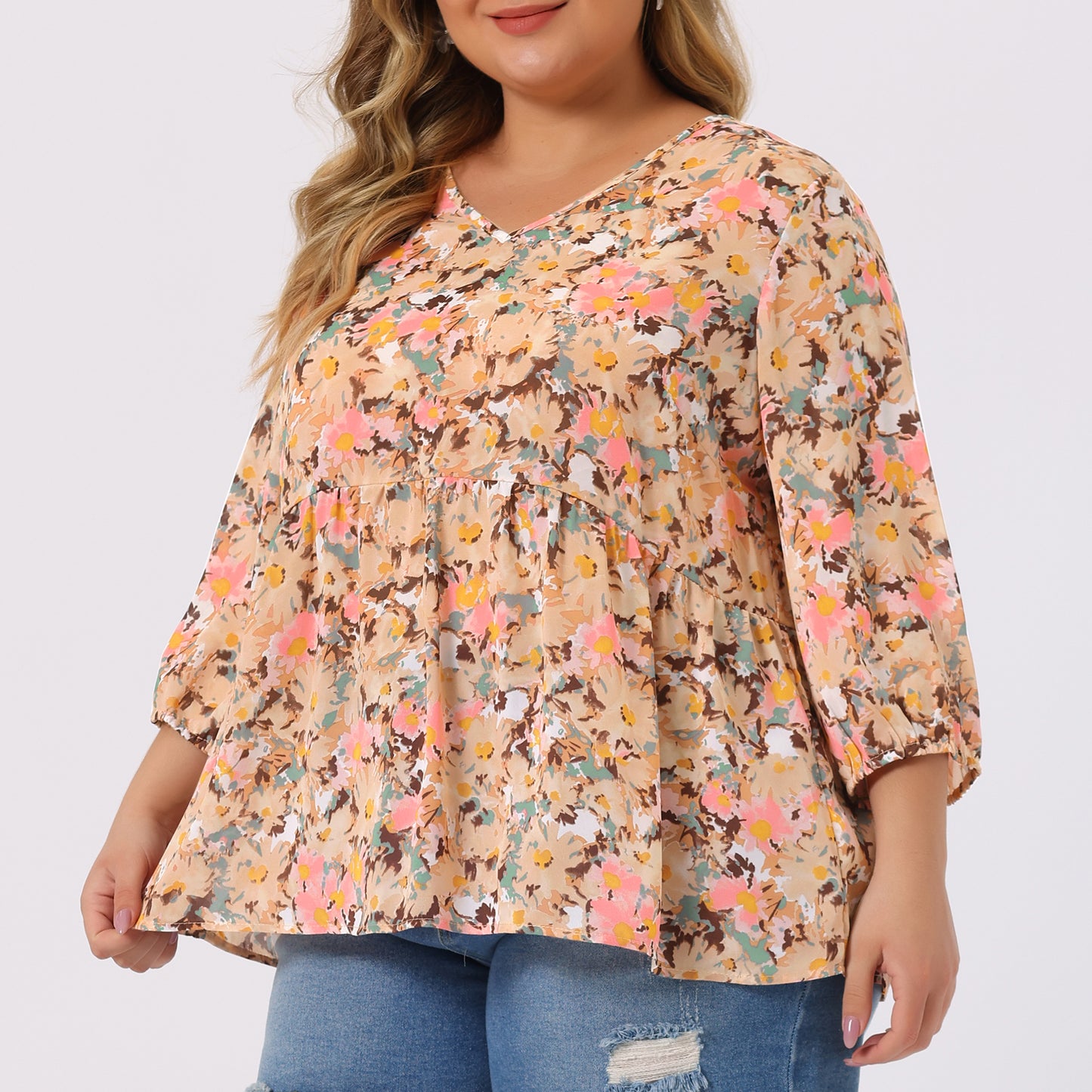 Women's Plus Size Top V Neck Babydoll Flowy 3/4 Lantern Sleeve Floral Blouse