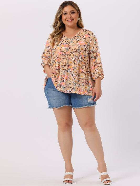 Women's Plus Size Top V Neck Babydoll Flowy 3/4 Lantern Sleeve Floral Blouse