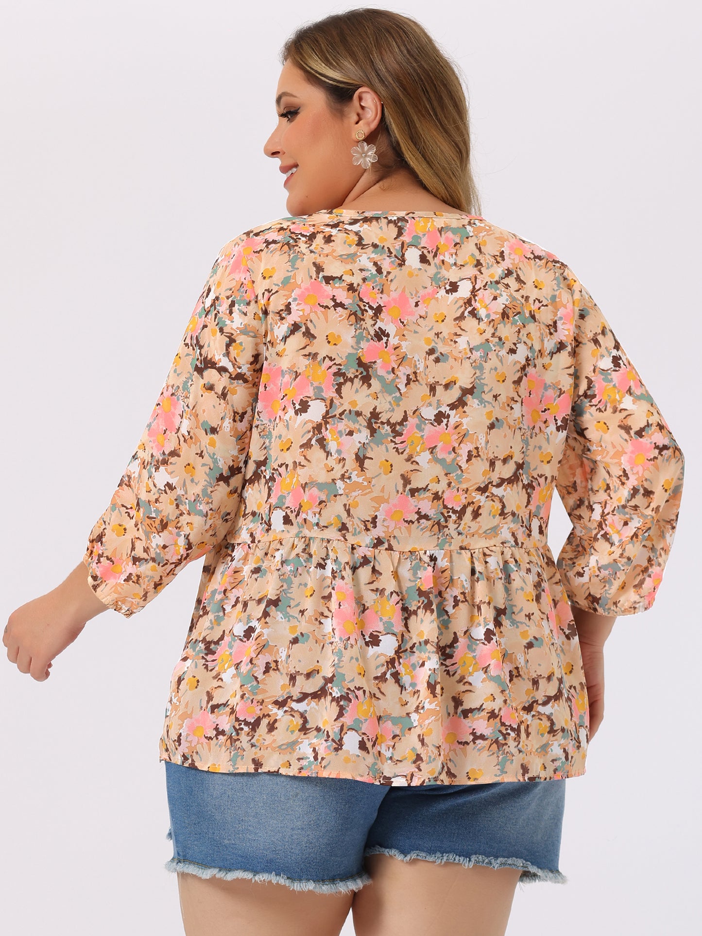Women's Plus Size Top V Neck Babydoll Flowy 3/4 Lantern Sleeve Floral Blouse
