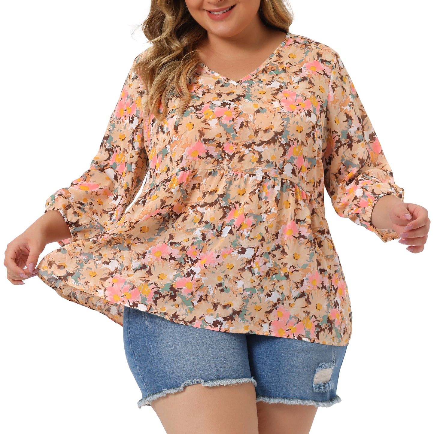 Women's Plus Size Top V Neck Babydoll Flowy 3/4 Lantern Sleeve Floral Blouse