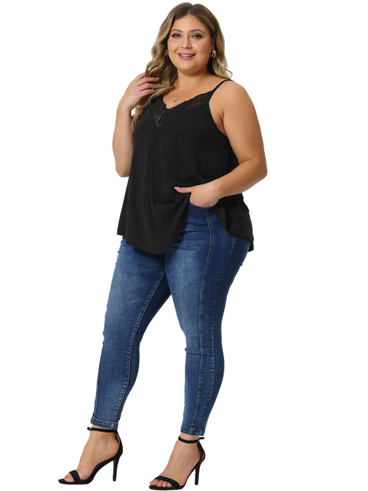 Women Plus Size Cami Tank V-Neck Lace Front Camisole Spaghetti Strap Sleeveless Top