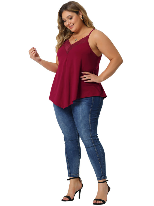 Women Plus Size Cami Tank V-Neck Lace Front Camisole Spaghetti Strap Sleeveless Top
