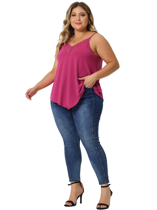 Women Plus Size Cami Tank V-Neck Lace Front Camisole Spaghetti Strap Sleeveless Top